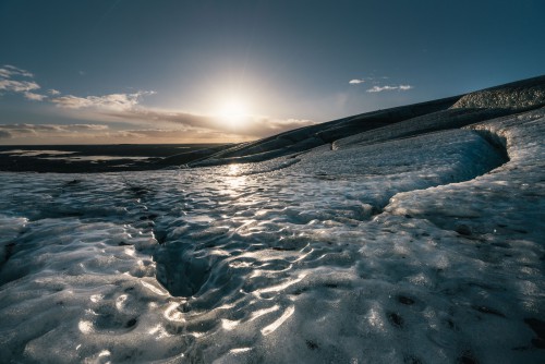 Wednesday 25th November 2015, Vatnajökull national park, Iceland: Photographer Mikael Buck with assistance from renowned local Icelandic guide Einar Runar Sigurdsson, explored the frozen world of Vatnajökull glacier in Iceland using Sonys world first back-illuminated full-frame sensor  which features in the ?7R II camera. His images were taken without use of a tripod or any image stitching techniques in photoshop. This was made possible through Sonys new sensor technology, allowing incredibly detailed low-light hand held photography. Previously images this detailed would have required carrying bulky equipment to the caves, some of which can require hiking and climbing over a glacier for up to two hours to to access. This picture: The view on top of the Vatnajökull glacier whilst hiking to access the caves PR Handout - editorial usage only. Photographer&#039;s details not to be removed from metadata or byline. For further information please contact Rochelle Collison at Hope & Glory PR on 020 7014 5306 or rochelle.collison@hopeandglorypr.com Copyright: © Mikael Buck / Sony 07828 201 042 / mikaelbuck@gmail.com
