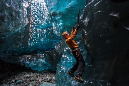 Wednesday 25th November 2015, Vatnajökull national park, Iceland: Photographer Mikael Buck with assistance from renowned local Icelandic guide Einar Runar Sigurdsson, explored the frozen world of Vatnajökull glacier in Iceland using Sonys world first back-illuminated full-frame sensor  which features in the ?7R II camera. His images were taken without use of a tripod or any image stitching techniques in photoshop. This was made possible through Sonys new sensor technology, allowing incredibly detailed low-light hand held photography. Previously images this detailed would have required carrying bulky equipment to the caves, some of which can require hiking and climbing over a glacier for up to two hours to to access. This picture: Guide Einar Runar Sigurdsson is seen ice climbing inside the &#039;Waterfall Cave&#039; PR Handout - editorial usage only. Photographer&#039;s details not to be removed from metadata or byline. For further information please contact Rochelle Collison at Hope & Glory PR on 020 7014 5306 or rochelle.collison@hopeandglorypr.com Copyright: © Mikael Buck / Sony 07828 201 042 / mikaelbuck@gmail.com